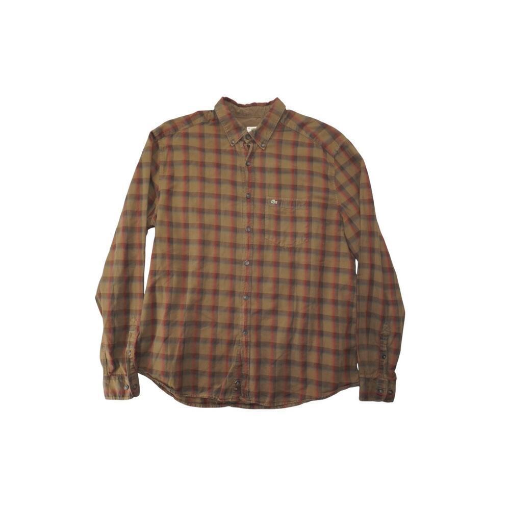 Lacoste Slim Fit Button Down Shirt Men’s 45 Large Brown Plaid 100% Cotton Casual